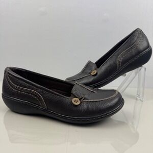Clarks‎ Collection Women Dark Brown Leather Button Detail Loafer Shoes Size 7.5M